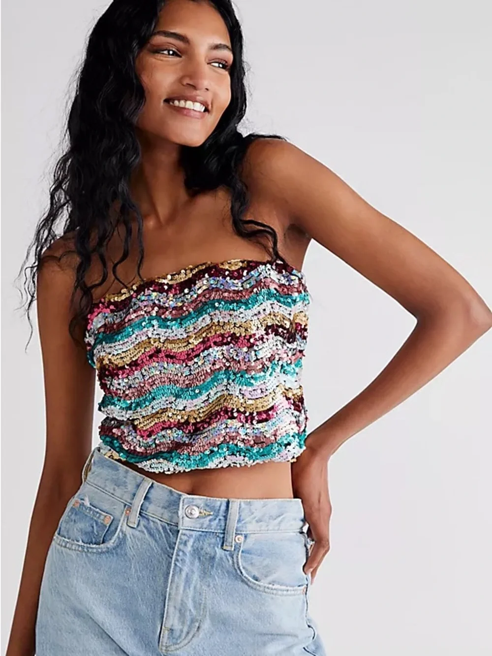 Free People Multicolor Sequin Strapless Crop Top — Size L